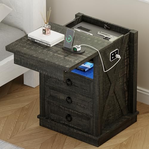 Lvifur Farmhouse Nightstand with Gun Drawer, Human Sensor LED Bedside Table with LED Lights & Charging Station, Rustic Wood Sofa Side End Table with 3 Drawers for Bedroom (Black)
