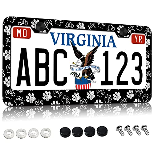 Paw Print License Plate Frames For Women Men Cars 2 Holes Black White Dog Cat Paw Print Stainless Steel Car Tag Cover Holder For Us Canada Standard Vehicles 12.3X6.3 Inch With Screws (1 Frame) #TOP8