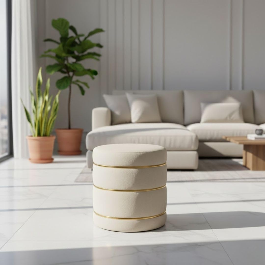 solid wood round ottoman stool with velvet upholstery | cushioned pouffe footrest for vanity stool, decorative accent furniture with stylish design & seating support - black & white