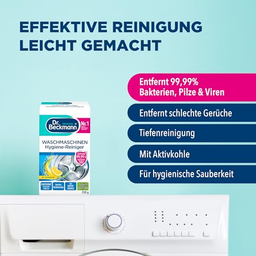 Dr. Beckmann Waschmaschinen Hygiene-Reiniger | Maschinenreiniger mit Aktivkohle | entfernt unangenehme Gerüche | 250 g