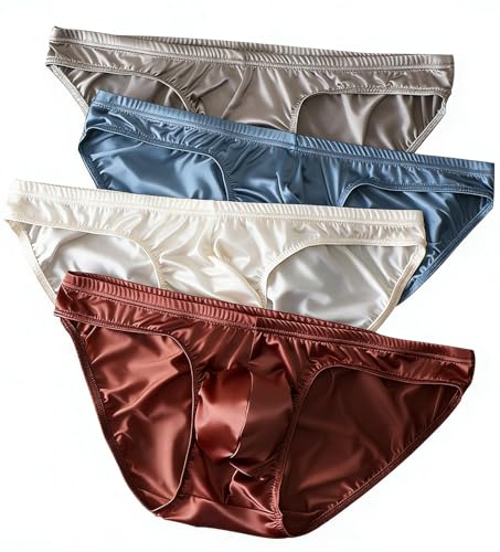 BeulviK Satin Panties for Men Glossy Silky Bikini Briefs Low Rise Ice Silk Men's Underwear Cheeky Shiny Boxer Briefs 4 Pack Multicolor