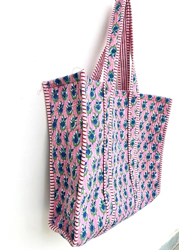 Image of Quilted Cotton Handprinted Reversible Large multicolor Floral Tote Bag,Hand Block Print Shopping Shoulder Carry Bag