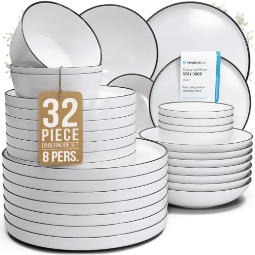 Image of 32 Piece Porcelain Dinnerware Set for 8, Handmade Plates and Bowls Set | Scandinavian Ceramic Dinner Set, Dishwasher & Microwave Safe Dish Set, Chip & Scratch Resistant Dishware Set, Scandi White