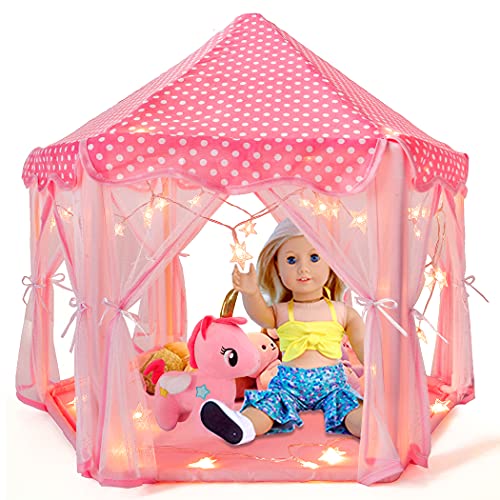 ebuddy Little World 18" Baby Doll House Camping Tent Accessories Set Pink Princess Castle Portable Playhouse with Unicorn Doll Star LED Lights for 10-18 inch Dolls