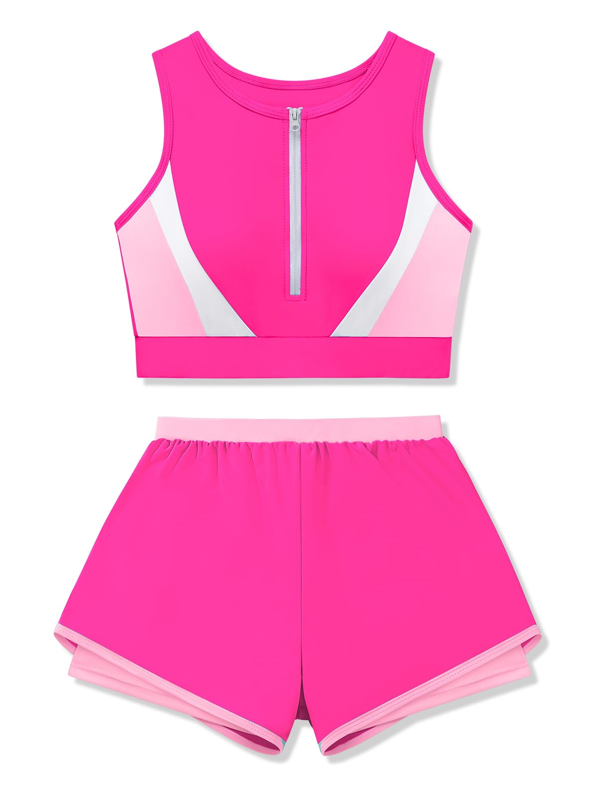 Girls Swimsuit Color Block Zipper Front 2 Piece Bathing Suit with Liner Bodyshort Sporty Girls' Swimwear 9-16T