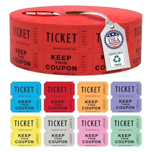 INDIANA TICKET CO. 2,000 Red Raffle Tickets Double Roll, Premium Quality 50/50 Raffle Tickets, Tickets for Events, Carnivals, Door Prizes, Drinks and More