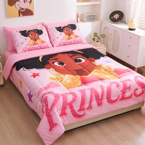 Image of Black Girl Princess Comforter Set for Girls,Pink Gradient Glitter 5pcs Kids Bedding Set Twin,Ultra Soft and Fluffy Bed in a Bag with Comforter Sheets Pillowcase & Sham