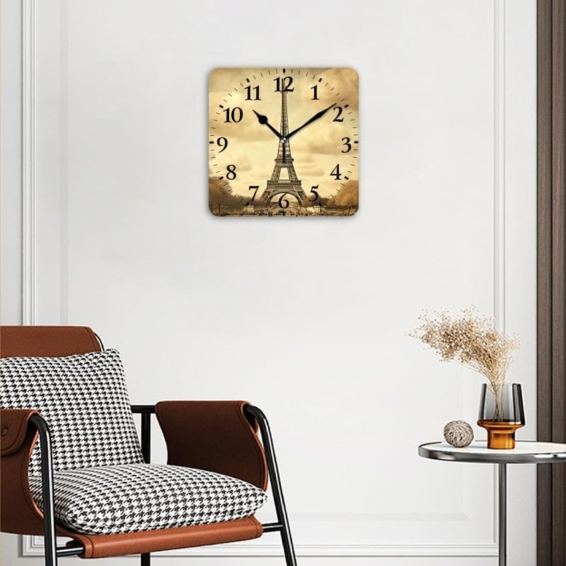 Battery Operated Wall Clocks Vintage-Style Featuring The Eiffel Tower in Paris Silent Non-Ticking Decor Clock with Photo for Bathroom,Office(16inch)
