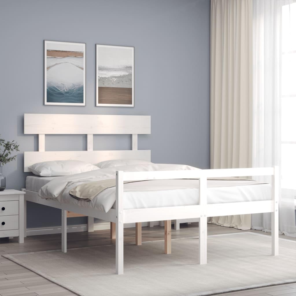 Seniorenbett aus massivem Kiefernholz 120x200 cm Weiß mit Kopfteil und Lattenrost, seniorengerechtes Holzbett mit Stauraum, komfortabler Schlafplatz für Schlafzimmer und Gästezimmer