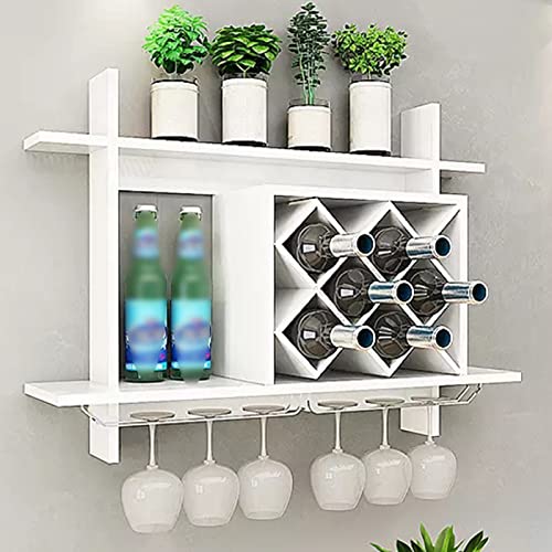 Estantería de vino para montaje en pared, con soporte de cristal, retro, decoración de pared, para salón, gran capacidad de almacenamiento (blanco)