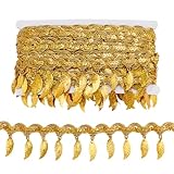 PH PandaHall 10 Yards Gold Pailletten Fransenbesatz Blatt Quaste Band Stoff Dekobesatz Goldfarben Kantenbesatz Nähband Zum Nähen Heimdekoration