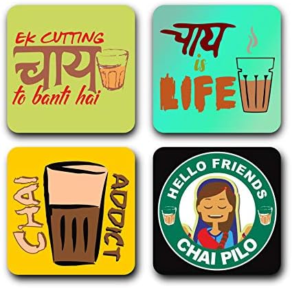 Yey Tea Coaster Set Chai Typography Printed, MDF Wood Material Coasters for Home and Kitchen, Office Table, Dining Table, Home Decor (3.5x3.5 inches, Set of 4)
