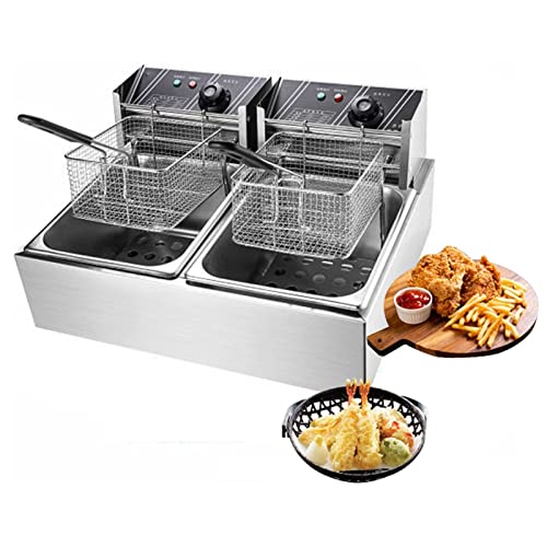 IUBGFTO Freidora eléctrica de 12 l, freidora Comercial de Doble Tanque, freidora de Aceite de encimera de Acero Inoxidable de 2500 W, Restaurante Comercial, Restaurante de Comida rápida