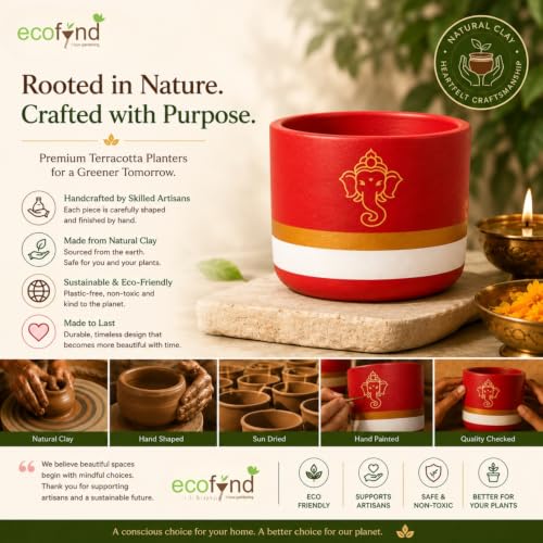 Image of ecofynd 4.5 Inch Ganesha Symbol Terracotta Pot for Indoor & Outdoor Plants, Decorative Flower Pot for Tulsi, Succulents, Herbs, Balcony, Home Temple, Living Room & Office Decor (TPOT012-BRNWHT)