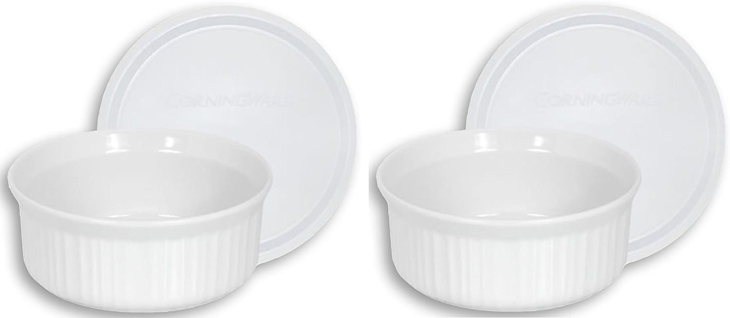 French White 24-Ounce Round Dish with Plastic Cover, Pack of 2 Dishes