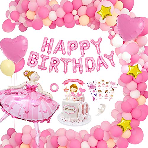 MMTX Decoraciones de Fiesta de Cumpleaños Rosa, Globos de Decoraciones Chica de Ballet Tema Fiesta de Cumpleaños, Rosa Feliz Cumpleaños Banner Globos para Niña Cumpleaños Baby Shower