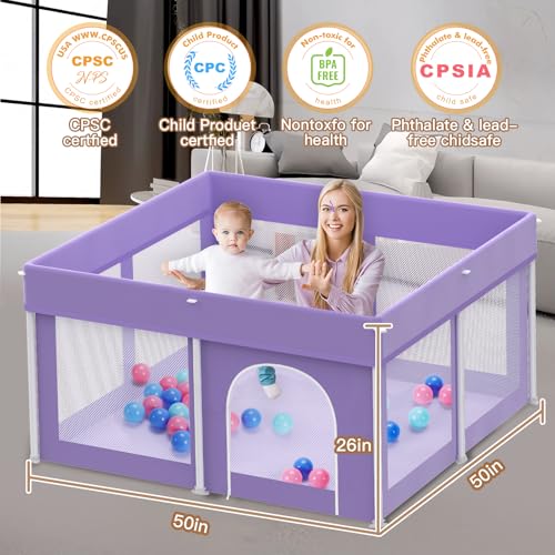 Image of Foldable Playpen 50x50, Foldable Ultra-Portable Baby Playpen, Instantly Deployed in Three Seconds, Safe Baby Playard with Soft Breathable Mesh, Perfect Activity Center for Baby's Play, Lavender