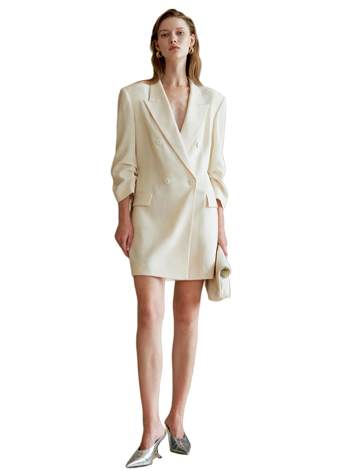 Womens Double Breasted Tuxedos Blazer Ruched Sleeves Suit Jacket for Business Casual