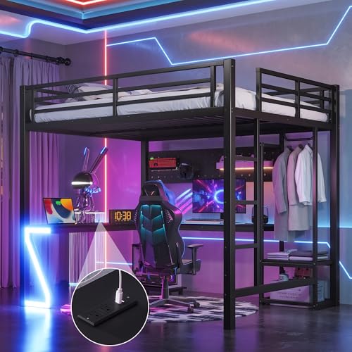 Image of Bellemave Queen Size Metal Loft Bed with L-Shaped Desk, Z-Shaped LED Lights & Charging Station, Heavy Duty Loft Bed Frame with Hanging Rod for Kids, Teens & Adults, Space Saving,Black