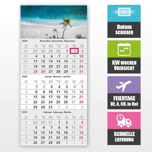 3 Monatskalender 2026 mit Datumsschieber – Wandkalender 30 x 49 cm für optimale Planung, 3 Monate Übersicht Wandplaner, Bürokalender, 3 Monats Kalender, KW-Wochen, Feiertage DE, A, CH