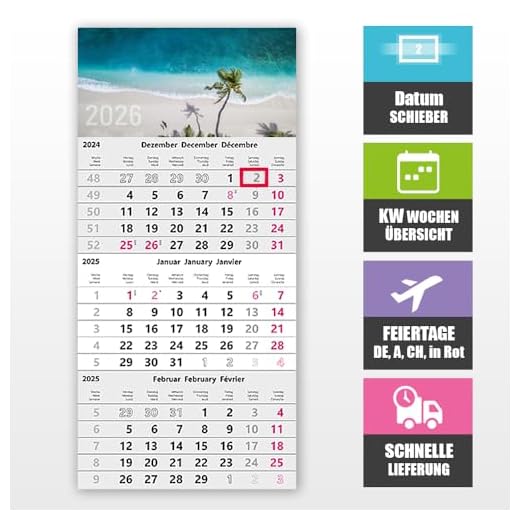 3 Monatskalender 2026 mit Datumsschieber – Wandkalender 30 x 49 cm für optimale Planung, 3 Monate Übersicht Wandplaner, Bürokalender, 3 Monats Kalender, KW-Wochen, Feiertage DE, A, CH