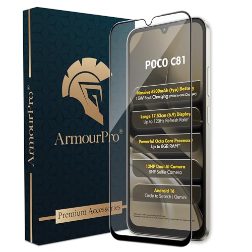Image of ArmourPro Tempered Glass for Poco C81-9H Screen Protector with Black Border, Anti Scratch, Edge-to-Edge Coverage, HD Clarity, Smooth Touch, Case Friendly | Black