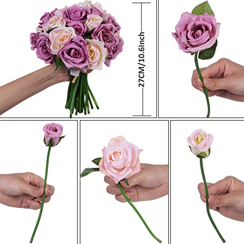 Artiflr Artificial Flowers Rose Bouquet 2 Pack Fake Flowers Silk Plastic Artificial White Roses 18 Heads Bridal Wedding Bouquet For Home Garden Party Wedding Decoration (Purple-White) #TOP5