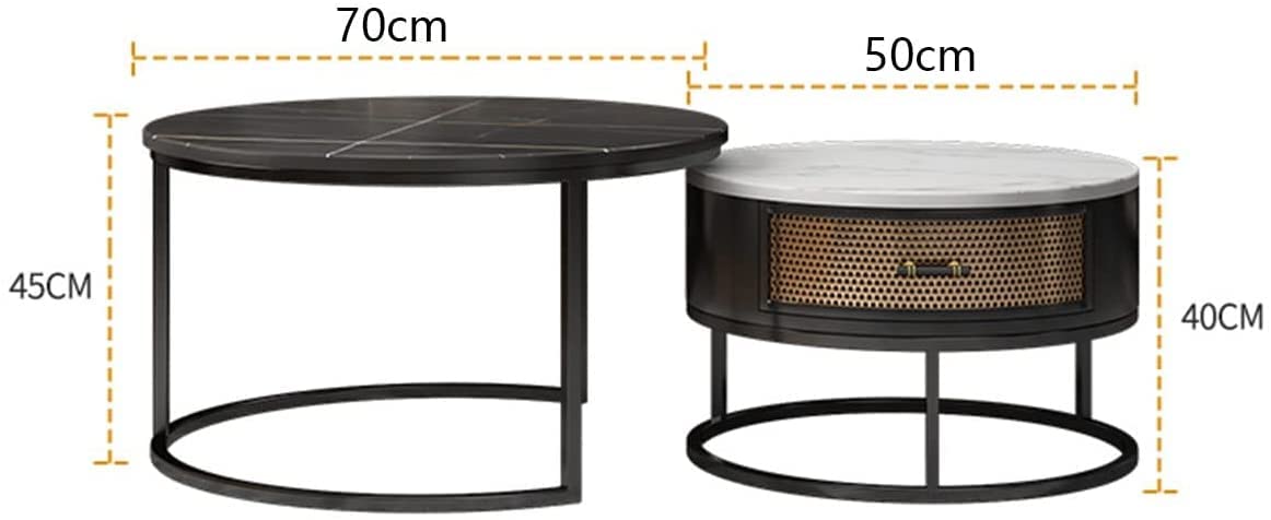 Tavolino ad incastro Set di 2 tavolini Rotondi Tavolino Moderno Cerchio Piano d'appoggio con cassetti per Soggiorno Camera da Letto Appartamento Moderno (Colore : Nero, Dimensioni : 70 * 45cm+50