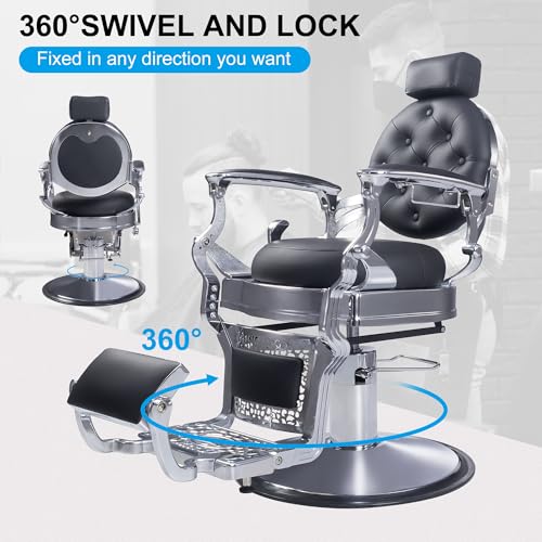 Image of Vintage Aluminum Barber Chair for Hair Stylist, Heavy Duty Barber Chair for Barbershop,Hydraulic Reclining Hair Salon Chair, 360 Degree Swivel for Tattoo Massage (Silver)