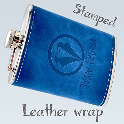 Groomsmen Proposal Gift For Wedding, Stainless Steel Wrapped Leather Hip Flask 8 Oz, Leakproof & Stamped With Team Groom For Bachelor Party Favors Or Groomsman & Best Man Gift Boxes. (Blue, 5) #TOP2