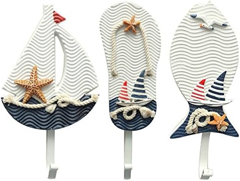 Aligle Tm Large Art Hook Wooden Nautical Coat Hat Clothes Towel Wall Hooks Hangers Hanging Decoration Wall Mounted Key Hook Metal Home Decor 3pcs Mediterranean Style Slippers Sailing Fish Utility Hook