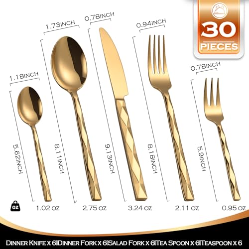 Gold-Silverware-Set-Luxury-30-Piece-Flatware-Set-for-6-Cutlery-Set-Stainless-Steel-Diamond-Cut-Pattern-Home-Wedding-Party-1810-Stainless-Steel-Tablewaret-Dishwasher-Safe-Utensils Gold Silverware Set Luxury 30 Piece Flatware Set for 6 Cutlery Set Stainless Steel Diamond Cut Pattern Home Wedding Party 1810 Stainless Steel Tablewaret Dishwasher Safe Utensils