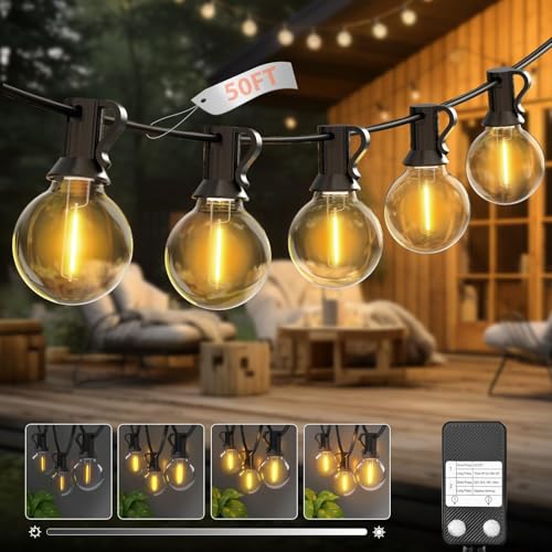 kolpop 50FT Outdoor String Lights with Dimmer Timer, G40 LED Patio Light with Edison Shatterproof...