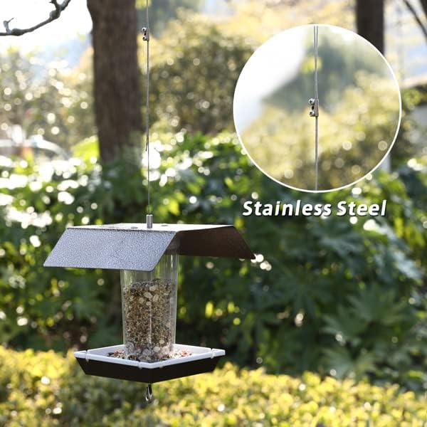 Bird Feeders Squirrel Proof for Outside - Adjustable Hanging Panorama Square Bird Feeders with Roof,for Outside Wild Birds,Modern Bird Feeder with S Hook for Balcony, Garden Yard Decorations(Bronze)
