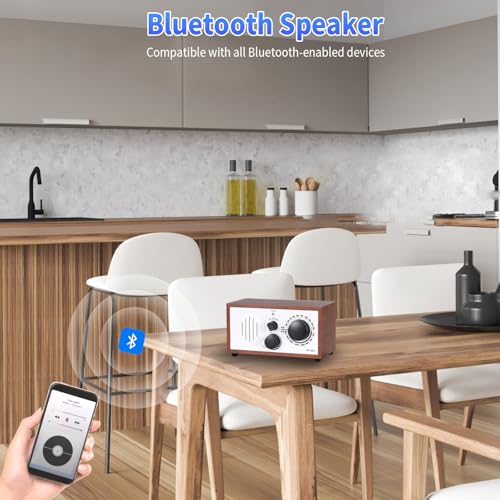 Image of Vintage Wood AM FM Bluetooth Speaker Radio Plug in Wall, Elegant and Retro Design, Old Fashion Radio Bluetooth Speaker with Aux in, Headphone Jack for Home, Office, Kitchen, Gift