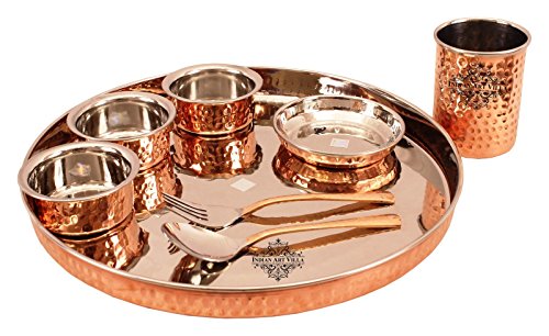 IndianArtVilla 8 Piece Steel Copper Hammered Thali Set | 3 Bowl,1 Rice Plate, 1 Dinner Plate, 1 Glass, 1 Spoon, 1 Fork | Serveware Tableware Kitchen & Dining Home Hotel Restaurant