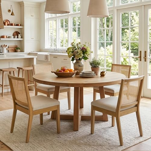 Image of HNY Farmhouse Rattan Dining Chairs Set of 4, Natural Solid Hardwood Frame, Upholstered Linen Seat, Ergonomic Cane Back Dining Room Chairs for Kitchen, Dining Room, Apartment, Beige