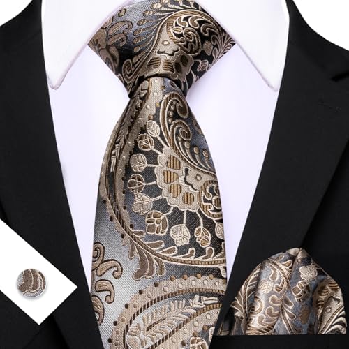 Image of Barry.Wang Men Tie Set Paisley Silk Necktie Pocket Square Cufflinks Formal Wedding Business Party