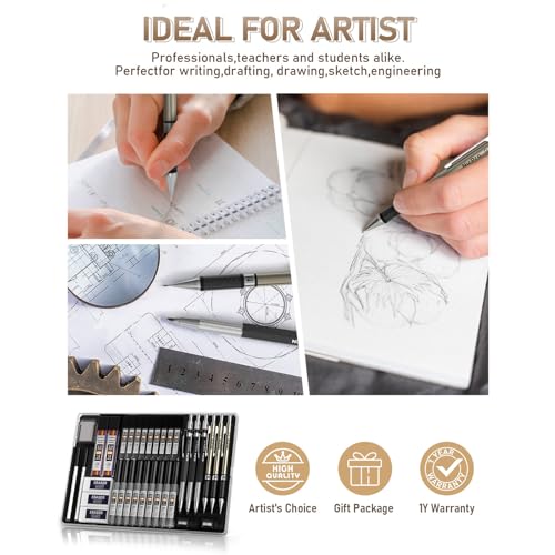 Image of Nicpro 35-Piece Art Mechanical Pencil Set, Metal Pencils 0.5 & 0.7 & 0.9 mm and 3 Pieces 2 mm Lead Pencil with 20 Cans of Replacement Leads (Colours 6B, 4B, 2B HB, 2H, 4H) for Sketching and Drawing
