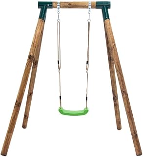 MASGAMES | Columpio de Madera Individual Kila | Asiento plástico Plano con Cuerdas Regulables | Madera tratada | Anclajes incluidos | Uso doméstico |