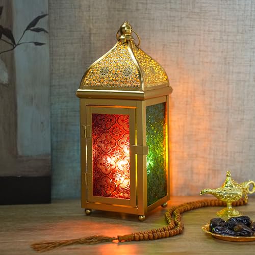Lámpara de Mesa Decorativa con batería de Ramadán, de Metal, Vintage, Oriental, Colgante, Luces LED árabes eléctricas con Vidrio Templado para decoración del hogar, Eventos de Fiesta en