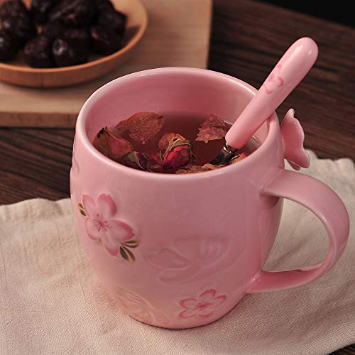 Kawaii Tea Cup With Lid And Spoon, Cherry Blossom Coffee Mug, Cute Ceramic Teacup, Best Gifts For Women, Her, Sister, Daughter, Friends Female, Mom On Birthday Christmas Anniversary, 13Oz (Pink) #TOP3