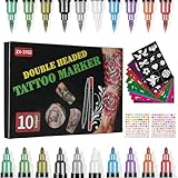 LOPHE Kit de Tatouage Temporaire 10 Stylos Dual Tips avec 10 Pochoirs et Strass, Marqueur Corporel Lavable pour Enfants Adultes, Fêtes Halloween Carnaval Anniversaire Cosplay