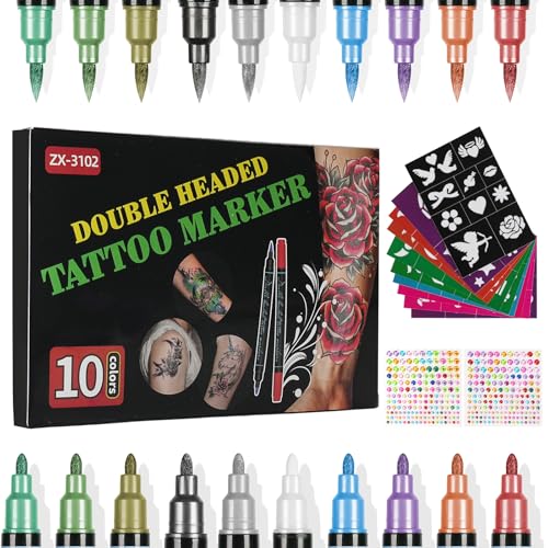 LOPHE Kit de Tatouage Temporaire 10 Stylos Dual Tips avec 10 Pochoirs et Strass, Marqueur Corporel Lavable pour Enfants Adultes, Fêtes Halloween Carnaval...