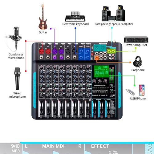 Image of hayden HY-8FX 10-Channel DJ Mixer With 99 DSP Reverb, 7-Band EQ, USB, Bluetooth, 48V Phantom, One-Click Mute Pro Sound Console For Recording, Stage, Studio, And Live Performance, Black