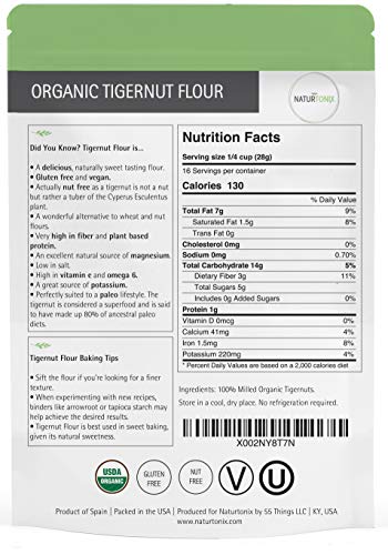 Organic Tiger Nut Flour, 16 oz Resealable Fresh Pouch, Gluten Free, Non GMO, Nut Free, Paleo and Keto Diet Friendly, Certified Kosher