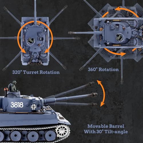 Image of Supdex 1 /16 RC Tank, Heng Long Metal Tiger I Army Toy with Smoke, Sound and Lights, Remote Control Tank that Shoots with Upgraded Metal Tracks, Idler and Sprocket Wheel, Steel Gearbox, Batteries*2