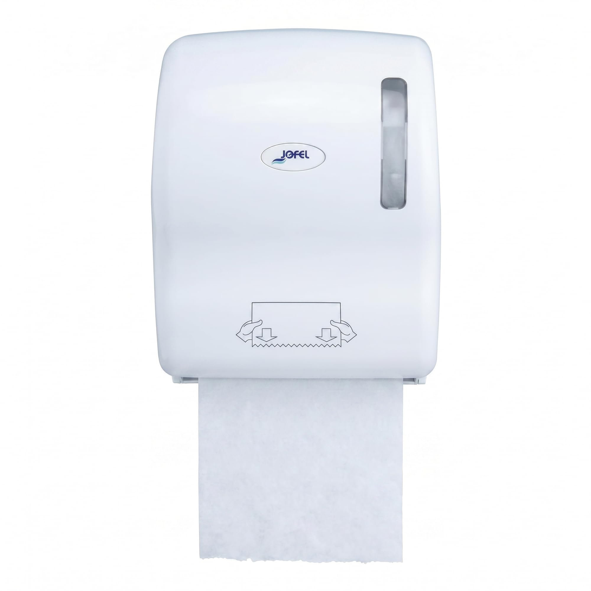 Jofel Autocut ABS Papierhandtuchspender für Gewerbe & Industrie - Hygienischer Wandspender ohne Batterie, Für Tuchrollen bis 210mm, Inkl. Sichtfenster & Schloss, Weiß (AG56000)