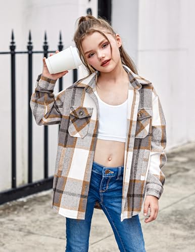 Arshiner Girls Flannel Plaid Jackets Button Down Long Sleeve Shirts Blouses Tops with Pockets Outfits2