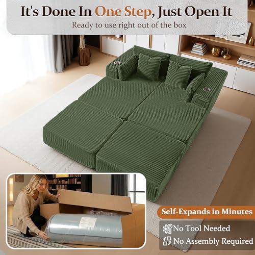 Image of 72 inch Cloud Sectional Couch, Comfort Sleep Sofa for Living Room, Extra Deep Seats No Assembly, Minimalist Modular Couch, Corduroy (Olive Green, Extend Loveseat Chaise)